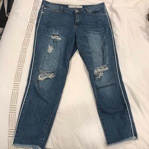 White Side Stripe Distressed Denim